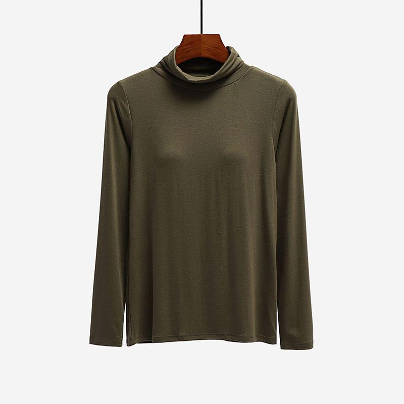 Women's Modal Padded High Neck Long Sleeve T-Shirt with Integrated No Underwire Bra Cup Pajama Base Layer