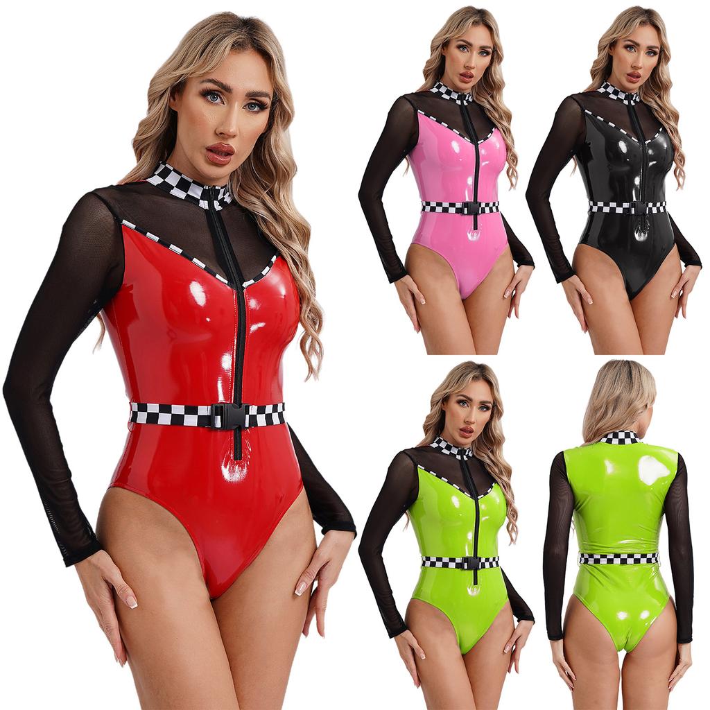 Dame Sjakkbrett Racer Bil Halloween Cosplay Speed Racer Driver Bodysuit Sjakkbrett Lær Trikot Jumpsuit Sexy Uniform