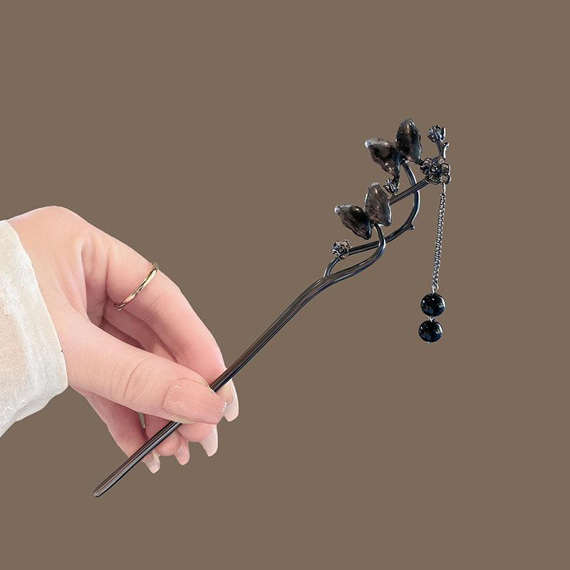 

Современная палочка для волос Чернильный цветок Металлическая кисточка Заколка-вилка для волос для женщин Черные бусины Бахрома Зажим для волос Новая китайская прическа Ханфу