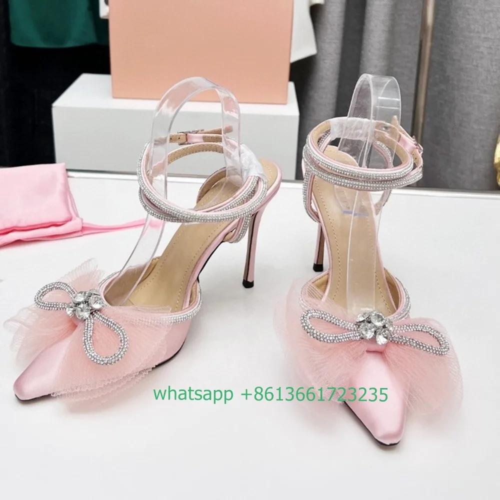 

Fashion Mesh Cloth Crystal Butterfly Knot Sandals Stiletto Heel Pointed Toe High Heels Black/white/pink Satin Rhinestone Shiny Sandals 42