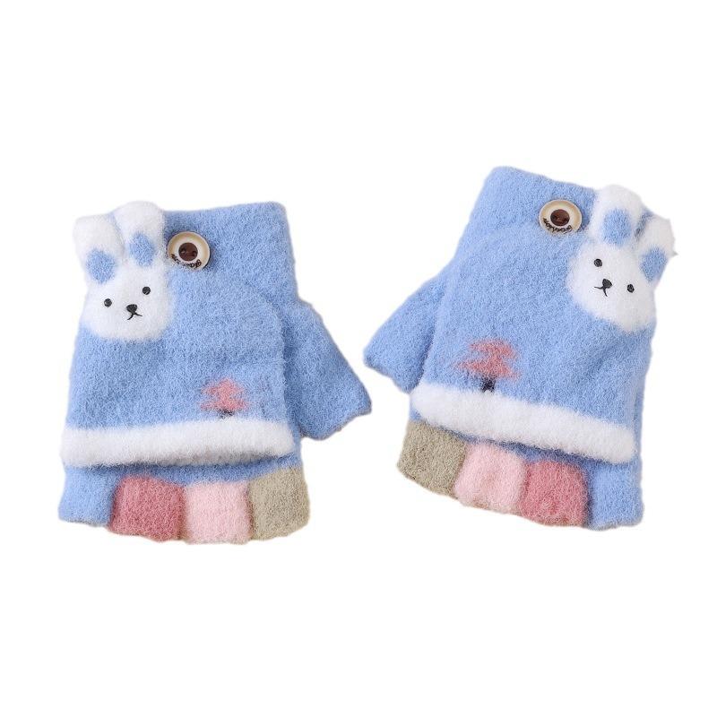 Children's Flip Half Finger Gloves In Autumn and Winter Baby Children's Warmth Plus Velvet Finger Writing Gloves Thick Knitted Gloves