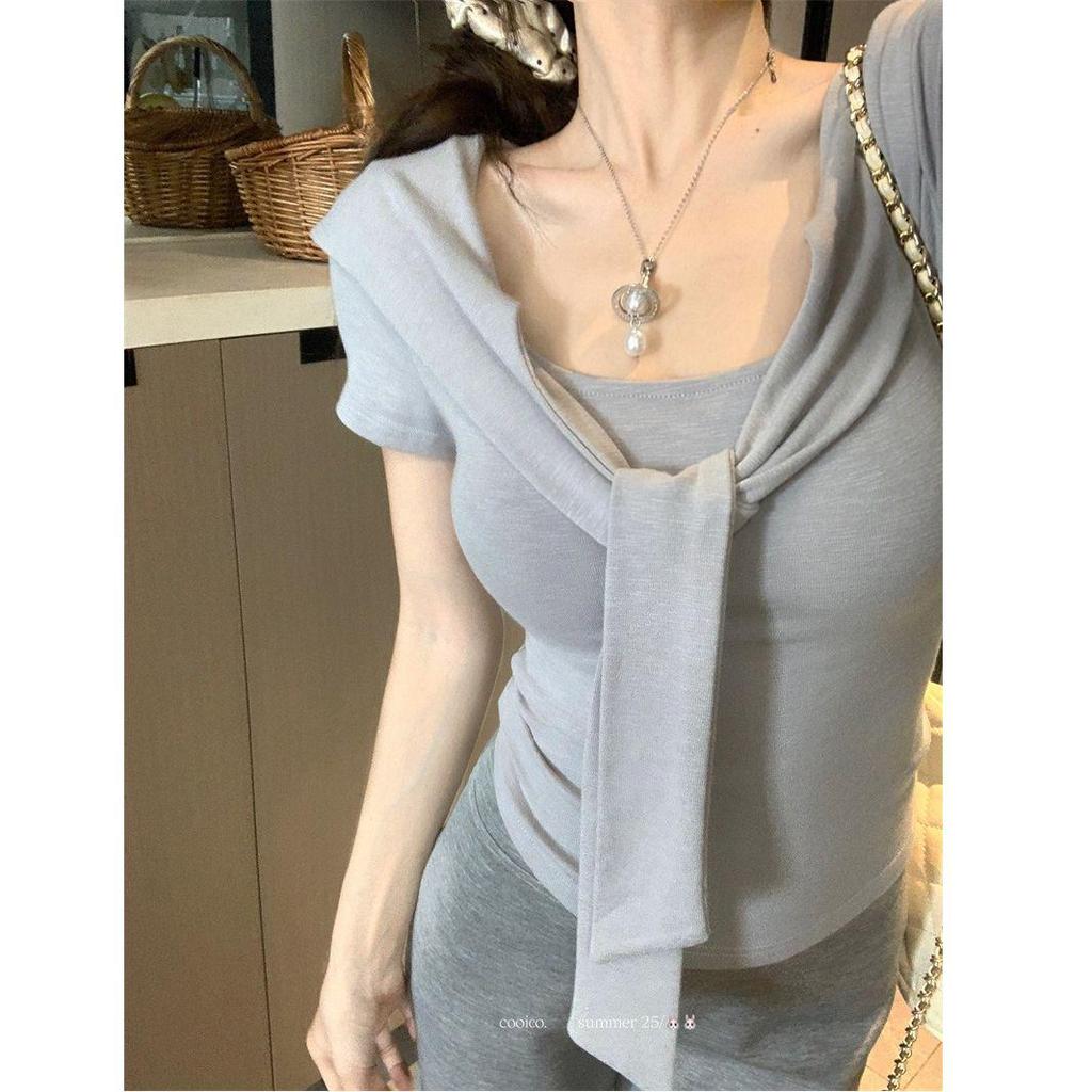 Summer 2025 Chic Square Neck Tie-Waist Tee: Slimming Short Sleeve Women's Top