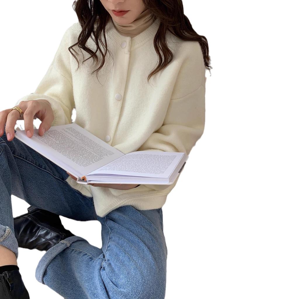 Women's Pink Korean-Style Loose Fit Cardigan - Soft, Long-Sleeved, Perfect for Autumn and Winter
