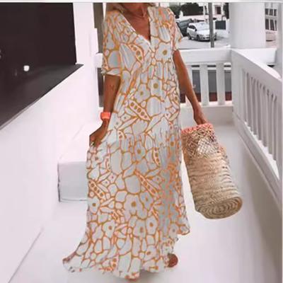 Kleid Sommer Damenmode Bedruckte Kurzarm V-Ausschnitt Lange Kleider