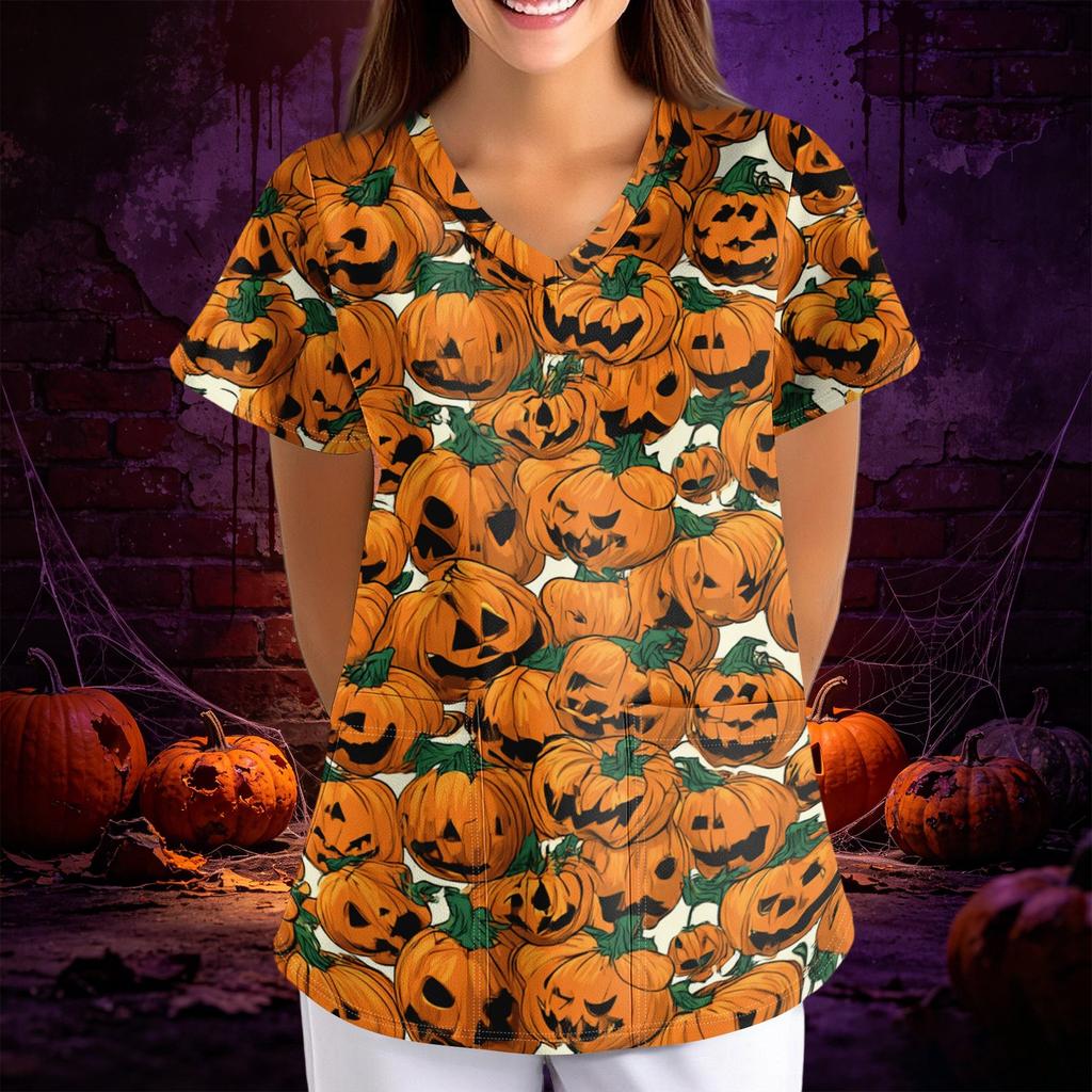 Womens Halloween Print Loose Fit V Neck Pocket Short Sleeve Scrub Top for Nurses and Professionals
