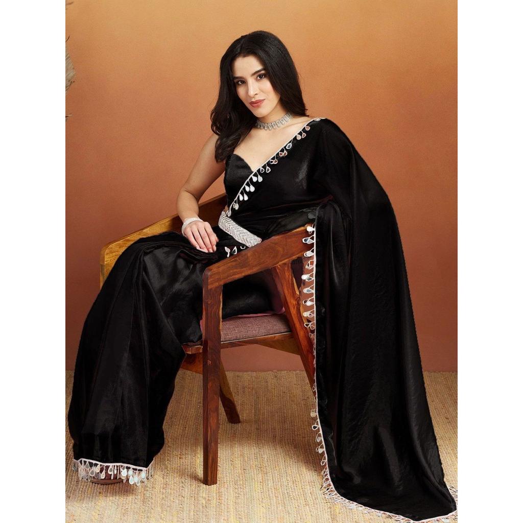 Elegant Mirror Work Fandy Satin Satin Saree Collection