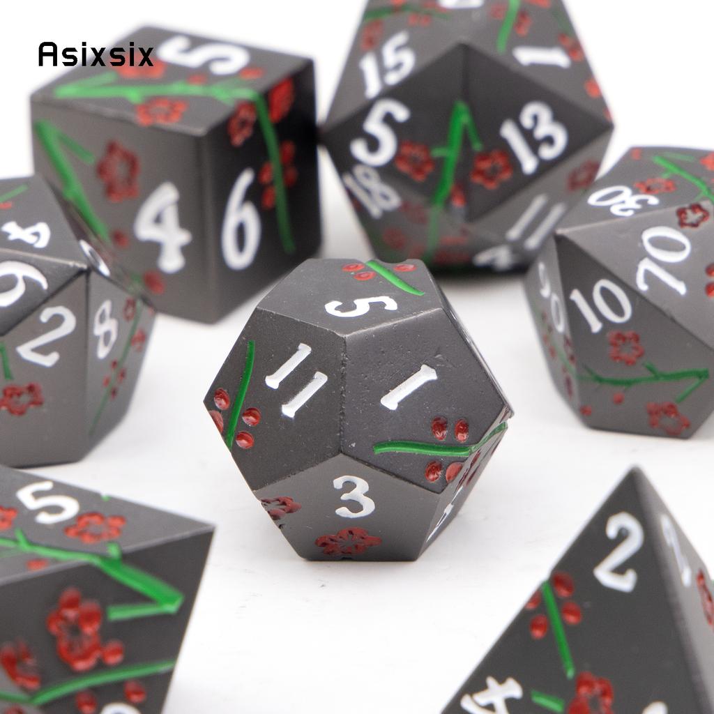 7 Pcs Black Flower Metal Dice Solid Metal Polyhedral Dice Set Suitable for Role-Playing RPG Board Game Card Game