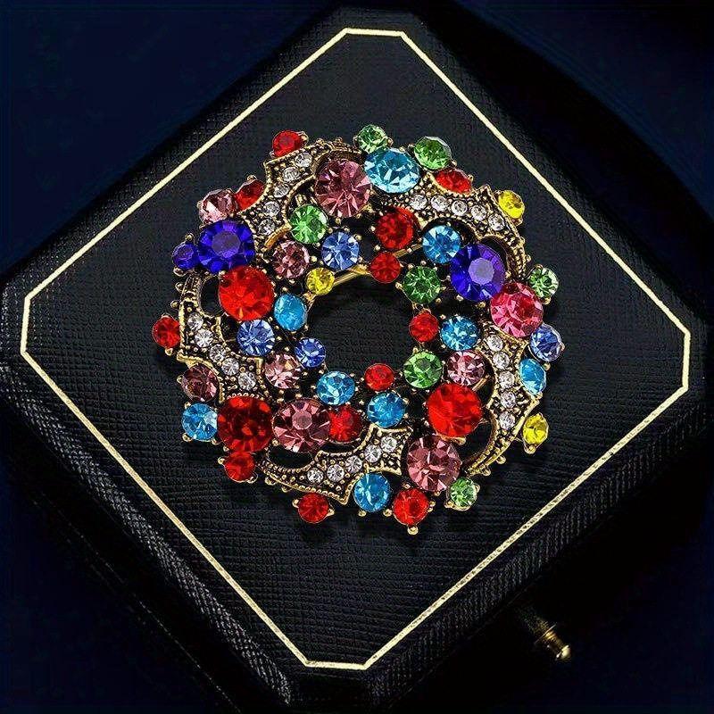 European and American Style Multi-Colored Floral Wreath Brooches, Fashionable Rhinestone Pins, Versatile and Elegant Suit Accessories