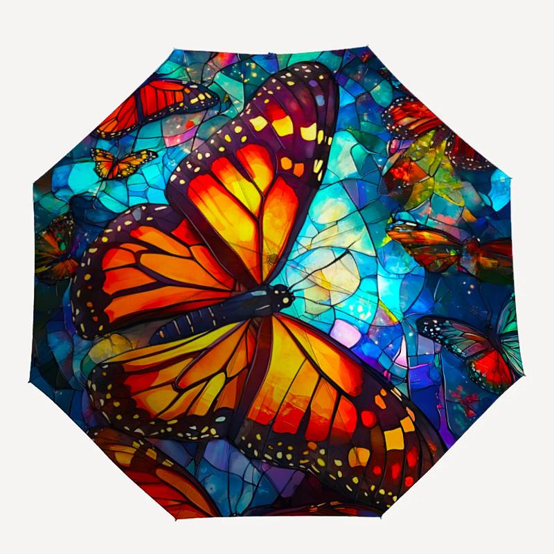 

1pc Butterfly StainedGlass Automatic Folding Umbrella - 8-Rib Compact Travel Umbrella Durable & Portable for Outdoor Use, Perfect Gift for Birthdays