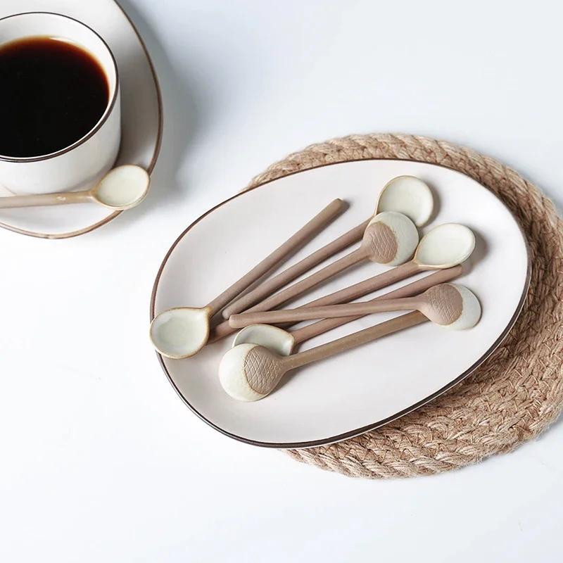 4.5inch Stoneware Coffee Ceramic Vintage Long Handle Yogurt Milk Mixing Afternoon Tea Small Tea