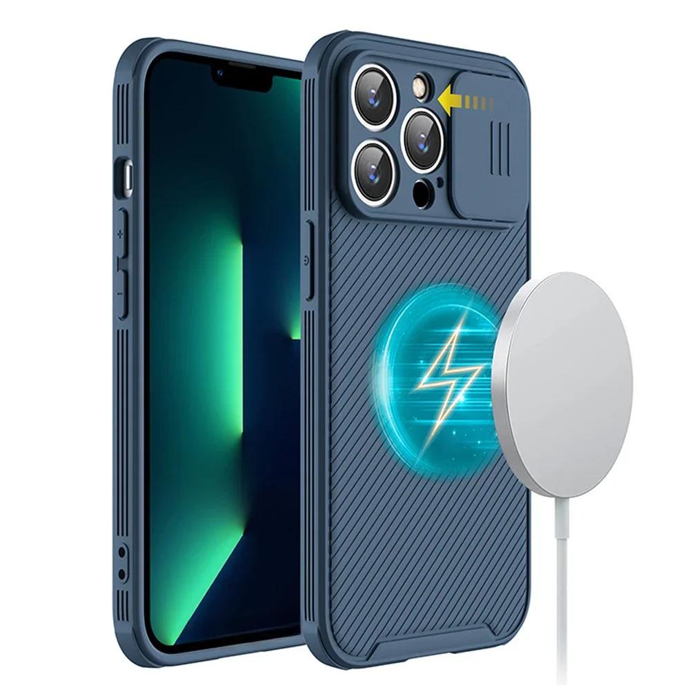 Slide Camera Lens Protection Magnetic Case for iPhone 16 15 13 12 14 Pro Max Plus Magsafe Wireless Charging Soft Silicone Cover