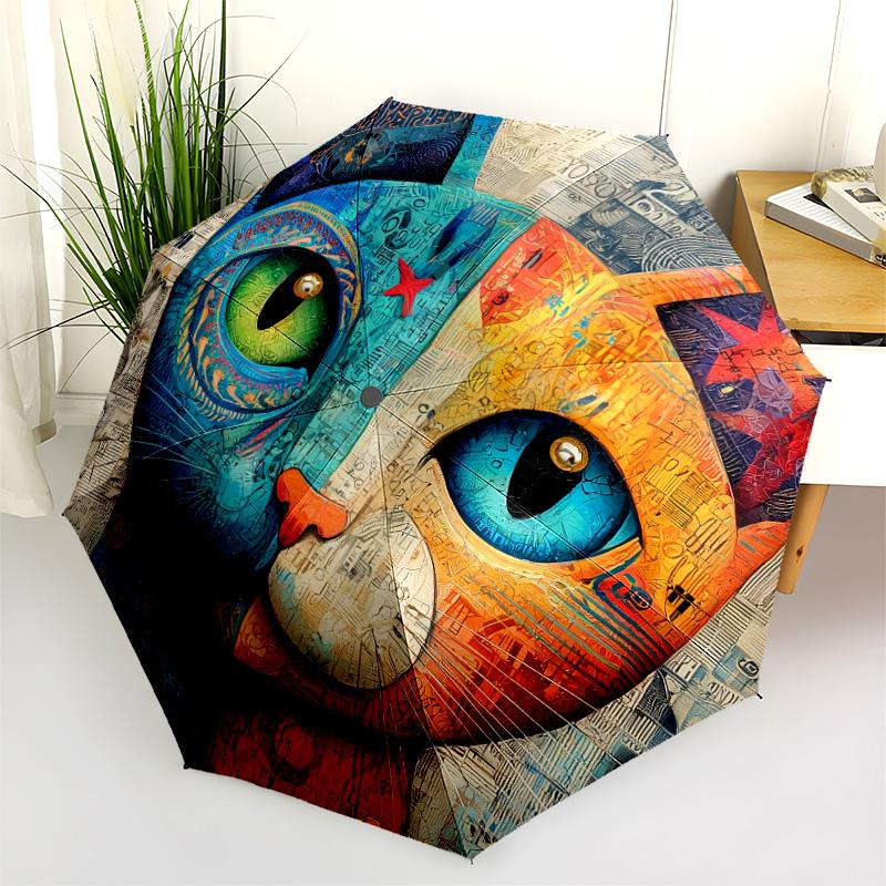0106 Colorful Cat pattern, automatic folding umbrella, portable and foldable design, 8 ribs, a Christmas or birthday gift.