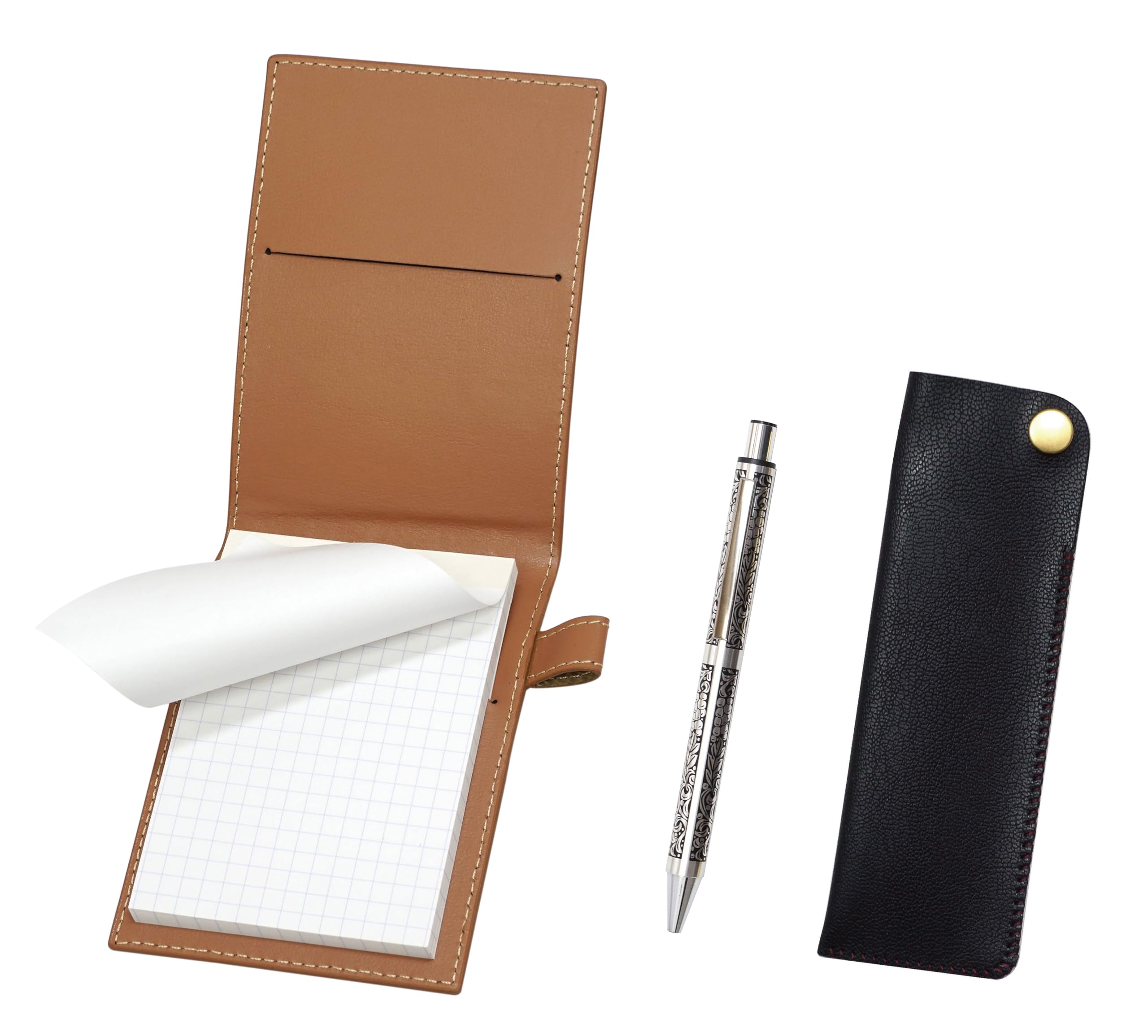 

Мини-обложка для блокнота из переработанной коровьей кожи цвета мокко с черным горизонтальным пеналом на кнопке и набором толстых металлических шариковых ручек с прямым кнопочным механизмом NQ30 в виноградных цветах