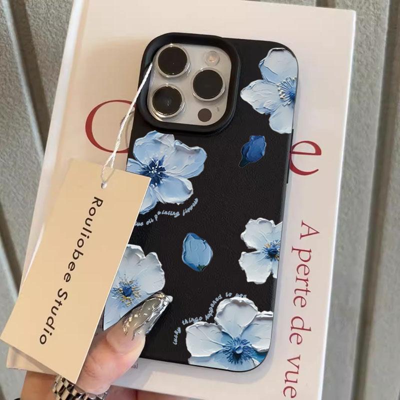 

Elegant Blue Oil Painting Flower Phone Case For iPhone 16 Pro Max 15 Plus 14 13 12 11 17 Air XS XR X Faux Leather Cover iPhone 11