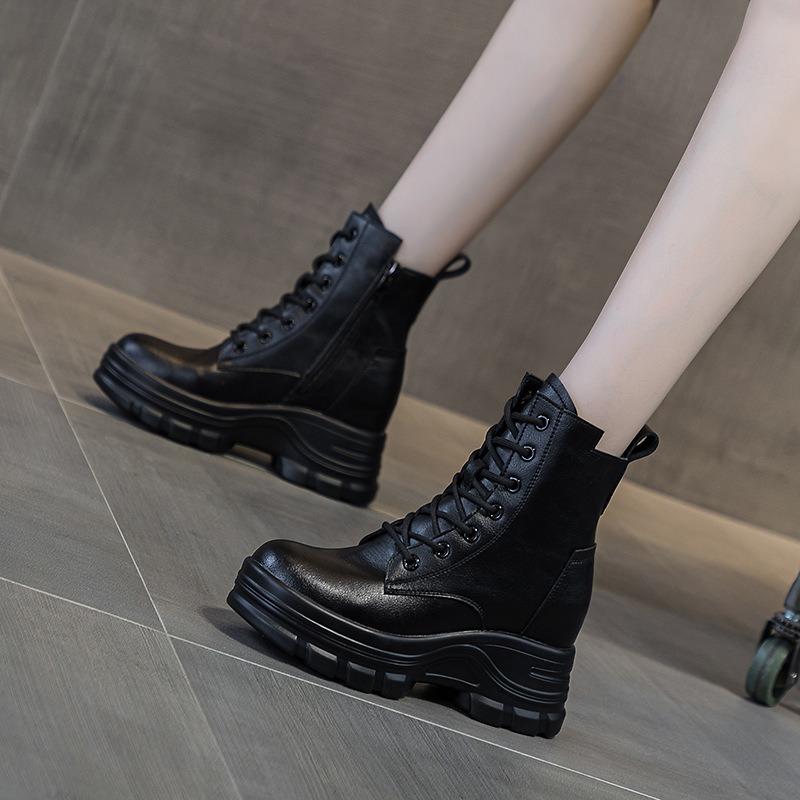 Women's shoes autumn and winter new muffin bottom thick-soled slope heel heightened high-top casual lace-up short boots women's tide