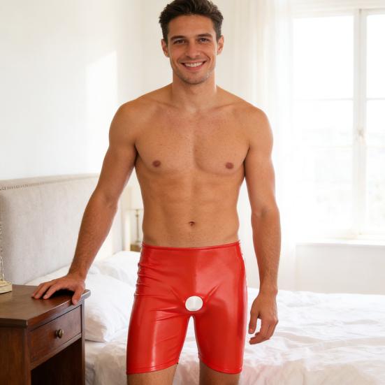 Yousheng Men's Faux Leather Short Pants Sexy Open Crotch Shiny Boxer Shorts Glossy Stretchy Hot Pants for Parties And Date Nights