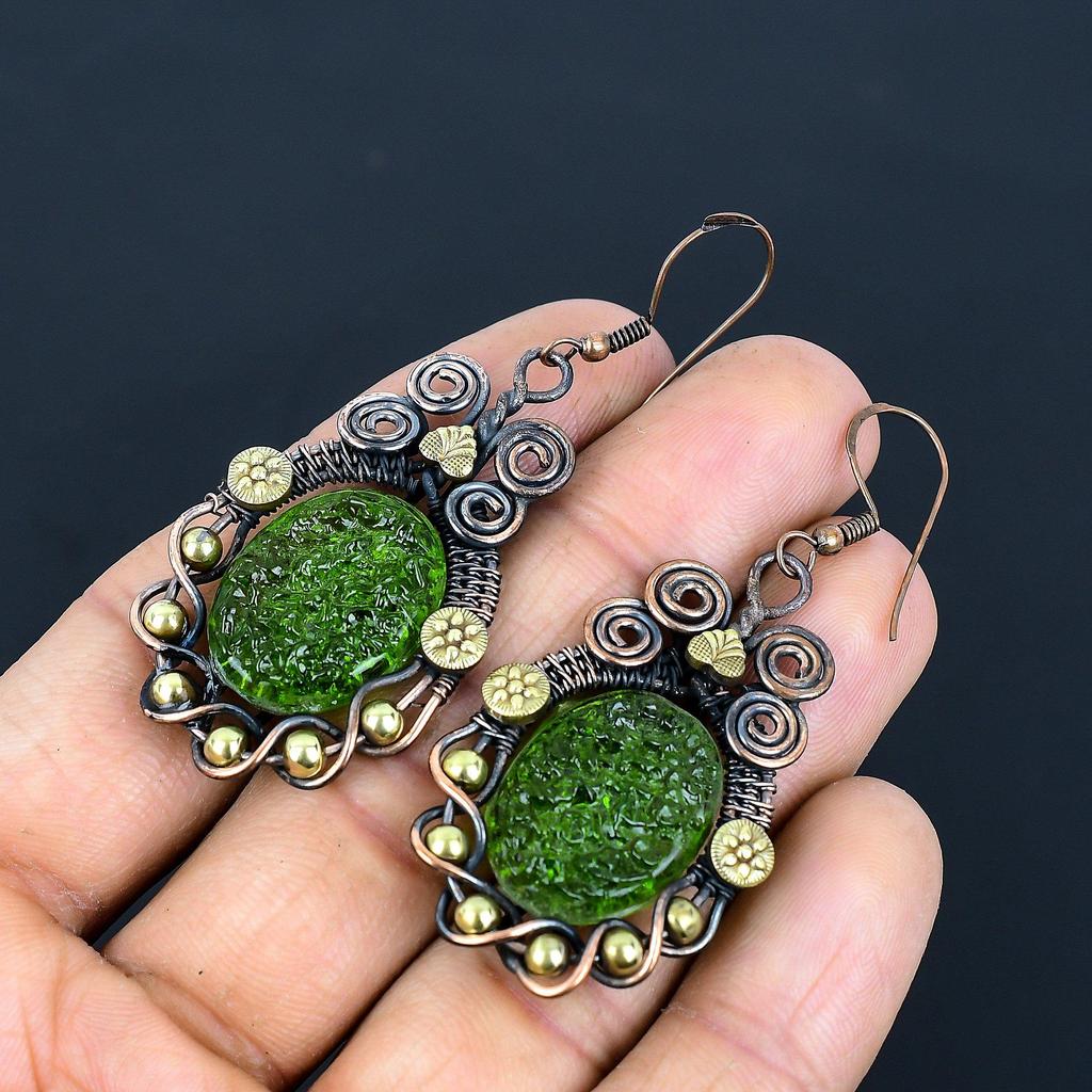 Moldavite Earrings, 999 Copper Wire Wrapped Gemstone Jewelry, Handmade Earrings For Mother Day