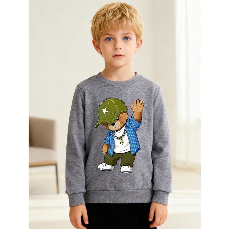 European Sizes Kids' Fashion Round-neck Pullover, Long-sleeved Top , Featuring Cartoon Bear Print, Suitable for Daily Casual Wear