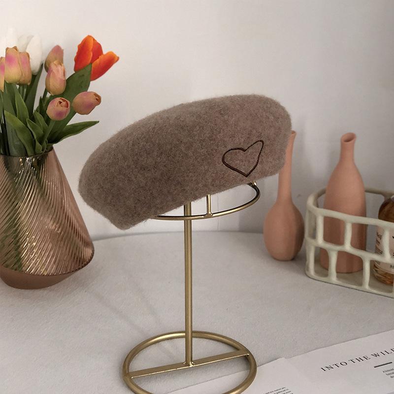 Love Embroidered Tweed Beret Hat Female Autumn And Winter Korean Version Retro Painter Hat