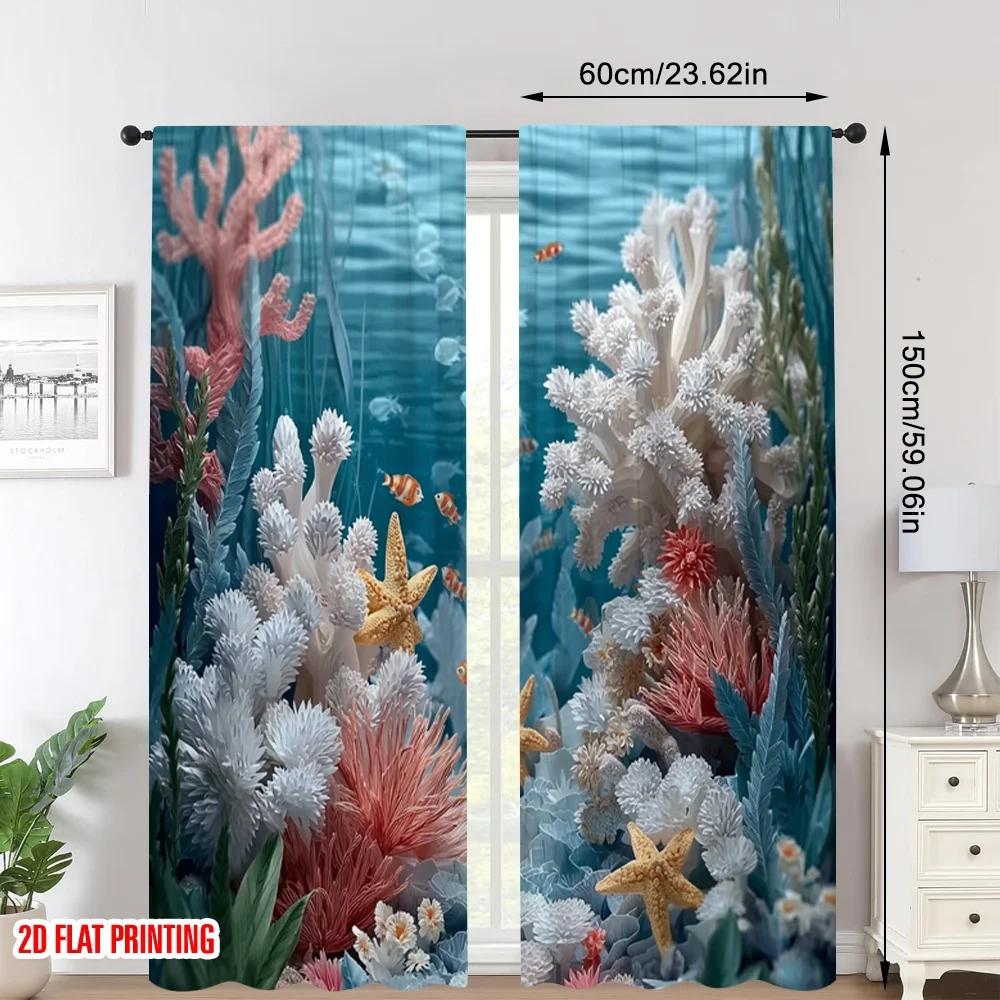 Set Of 2 Flat Printing Curtains Blue Ocean Shell Starfish Coral Digital Printed Polyester Drapes Party Decorations New Curtain