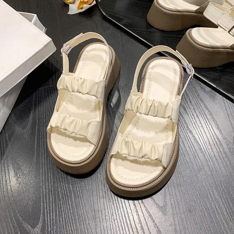 Retro thick low women's sandals 2025 summer new mid-heel Korean one-character pleated buckle Roman beach shoes women