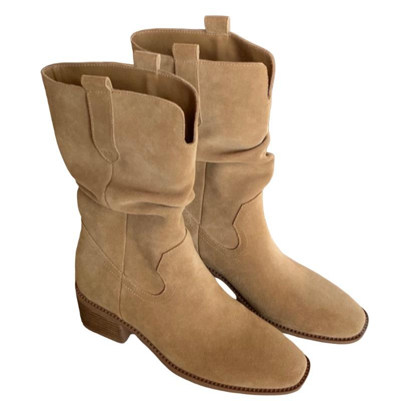Height increase~ Round head V-mouth thick heel thick sole big tube circumference stack short boots women's 2025 new thin western cowboy boots