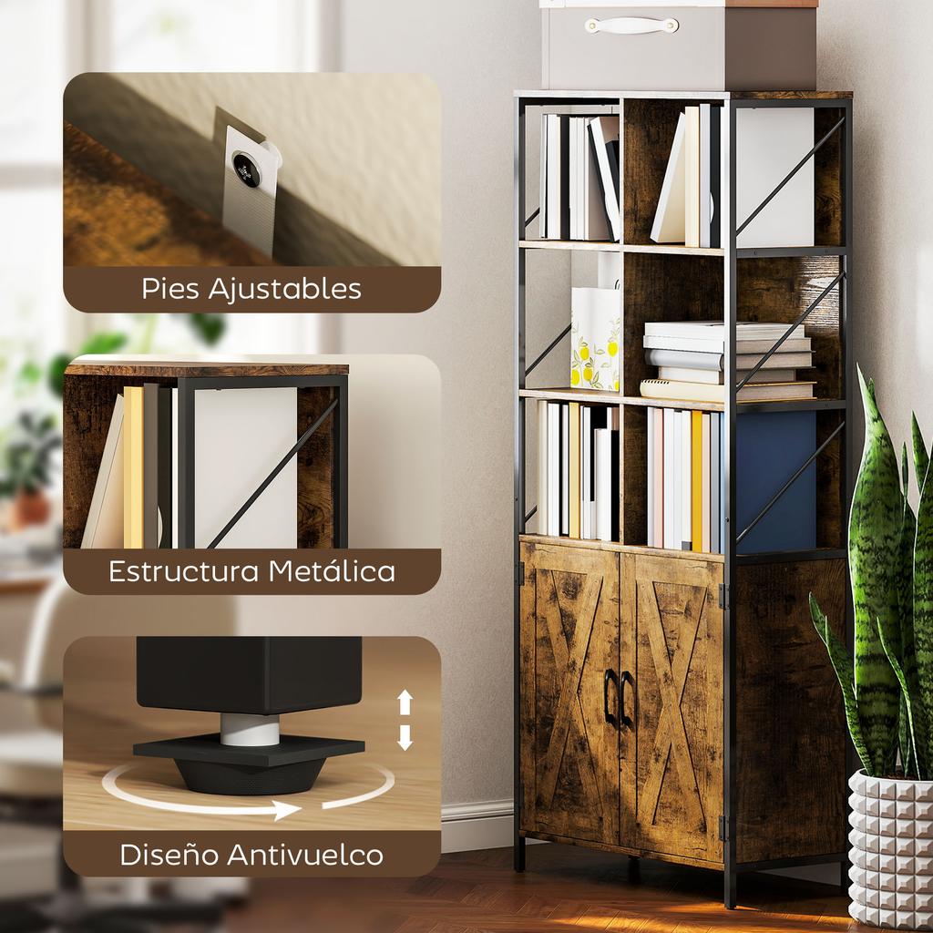 Bookshelf With 6 Open Compartments And Adjustable Shelf For Living Room Office 75x34x172 Cm Rustic Brown