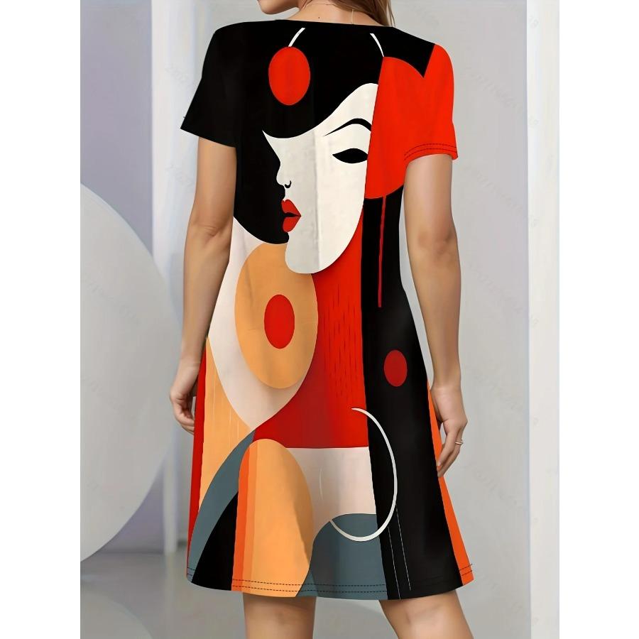 Women's Casual Cartoon Dog Print Mini Dress - Short Sleeve, Loose Fit, Round Neck  Y2K Female Clothing New Year's Casual Wear