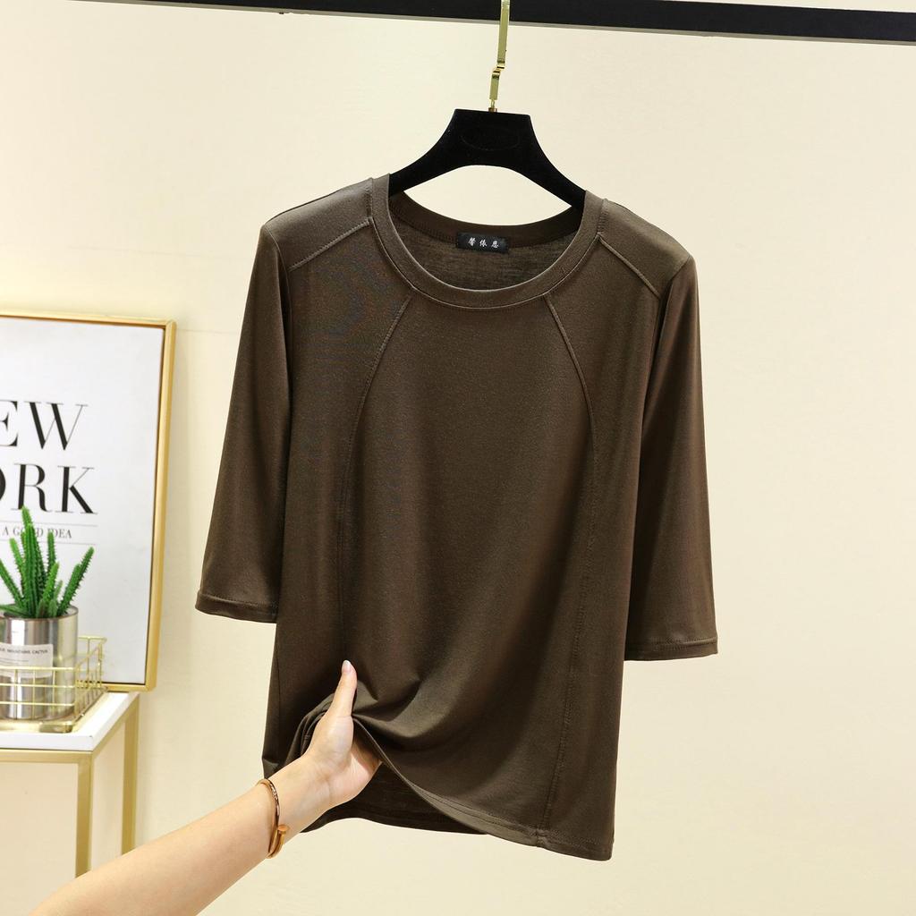 Modal Spliced O-neck T-shirt Half Sleeves Solid Color Women Base Layer Top Slimming Undershirts Basic Tee Tops All Match