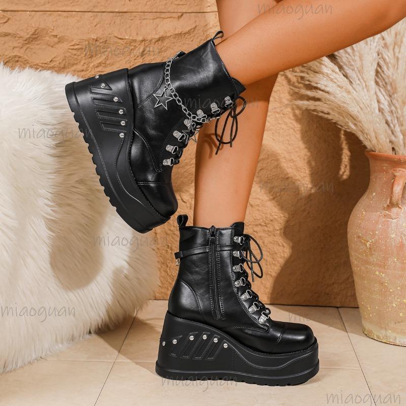 Women's Chunky Heel Platform Black Short Boots Punk Rivet Chain Gothic Ankle Boots Pu Leather Wedges Non-Slip Bootie Size 35-43