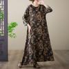 Plus Size Cotton & Linen Printed Holiday Dress - Round Neck, Long Sleeve, Loose Fit
