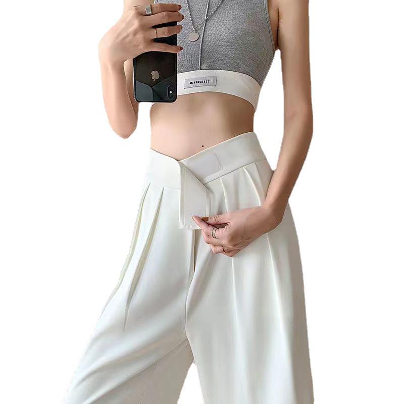 2025 Damen High-Waist Klettverschluss Weitbein-Hose: Frühlings-/Herbst-Casual-Drapierung Bodenlange Hose