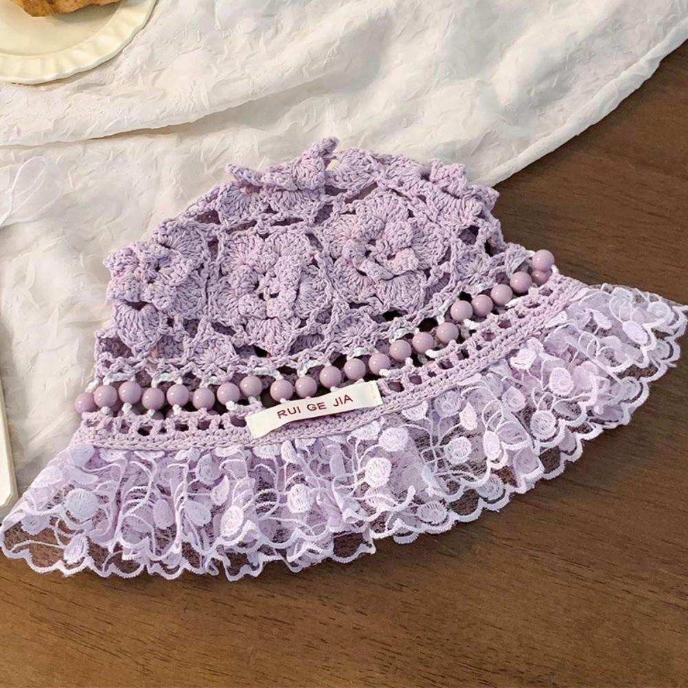 Summer Beads Knitted Hat Hollow Weave Basin Caps Sweet Crochet Bucket Hat  Ladies