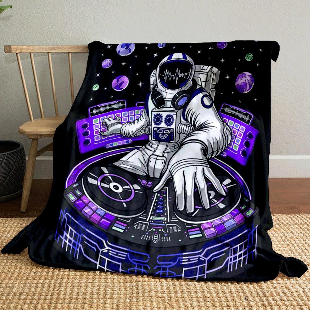 An Astronaut DJ Mixing Music In Space with Vibrant Cosmic-themed Visuals. for All Seasons Blanket Lunch Break Throw Gift