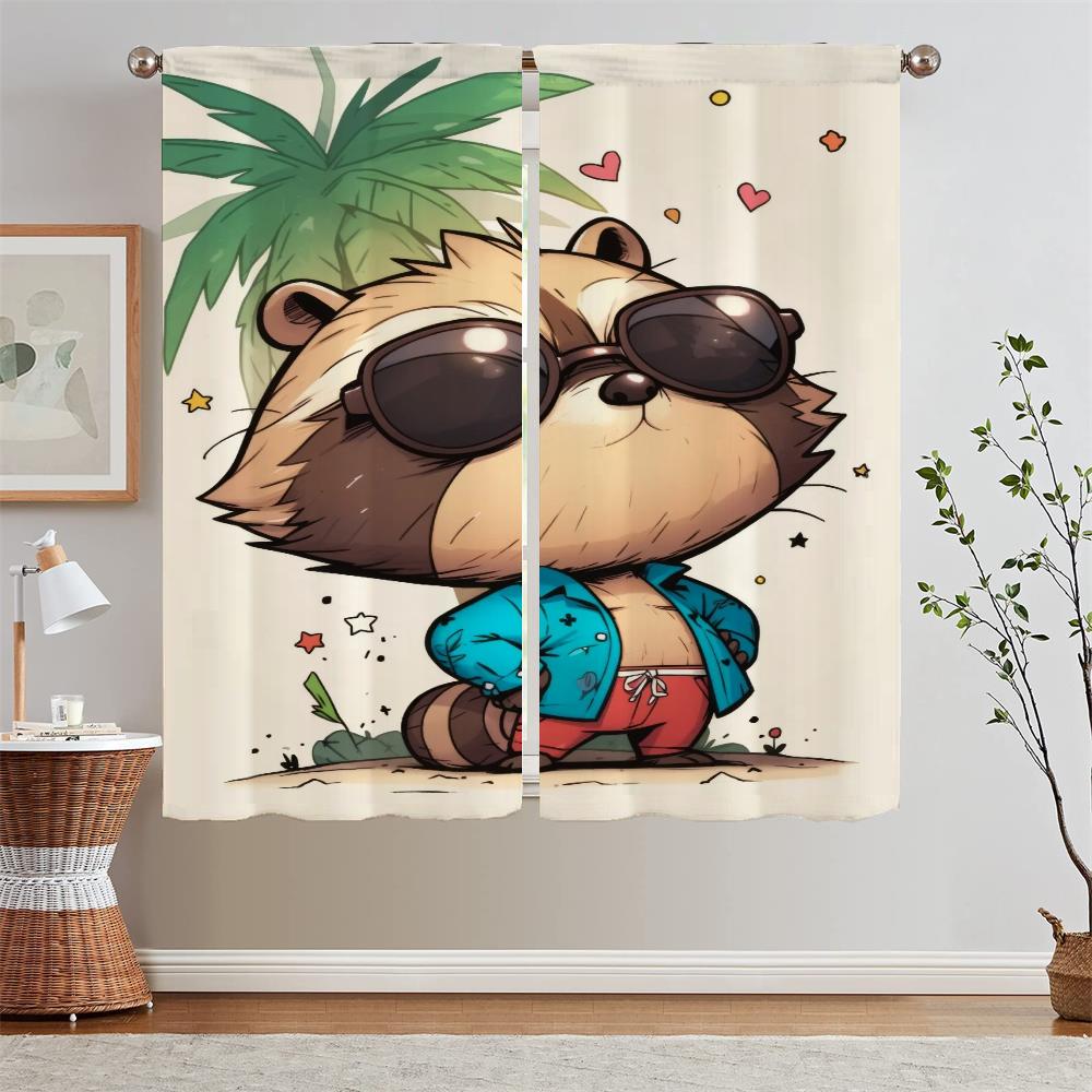 Sea Raccoon Youth Room Curtains for Living Room Fabric Curtain Tiebacks Blinds Bedroom Blackout Curtains 2 Pcs Set Curls Blind