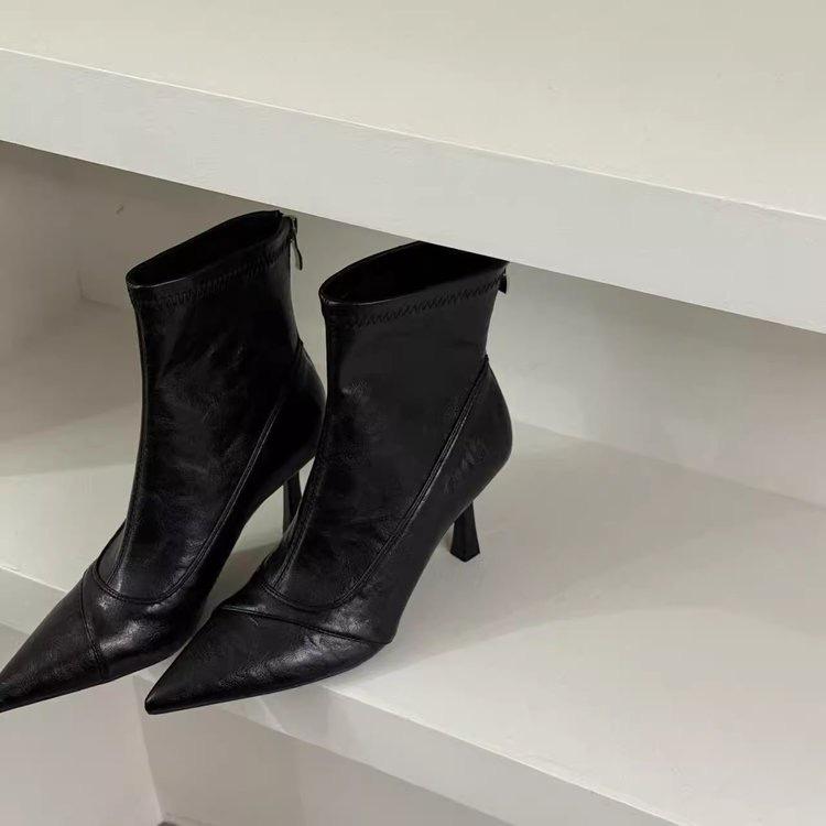 Pointed short boots women's high-heeled thin-heeled rear zipper splicing new autumn and winter fashion elastic thin boots