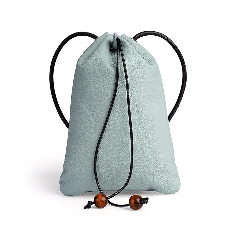 New Genuine Leather Drawstring Shoulder Bag with Earphone and Cable Storage - Korean Style Cowhide Messenger Bag