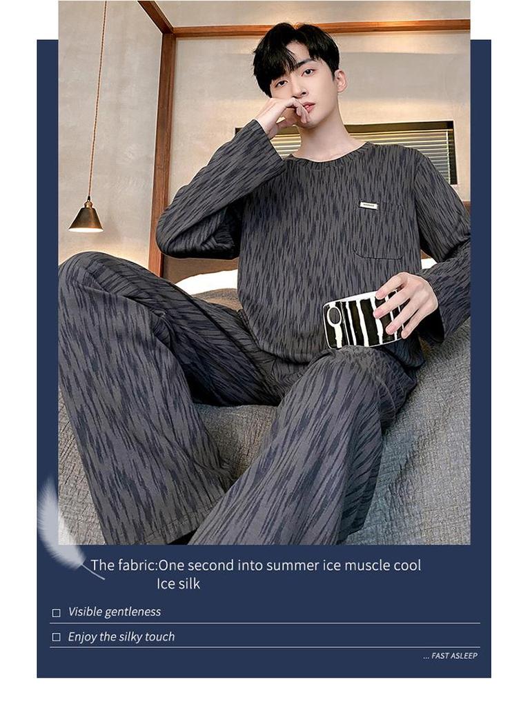 Men's Spring/Autumn Long Sleeve Cotton-Look Pajama Set - Youth Style, Casual Homewear, Plus Size.