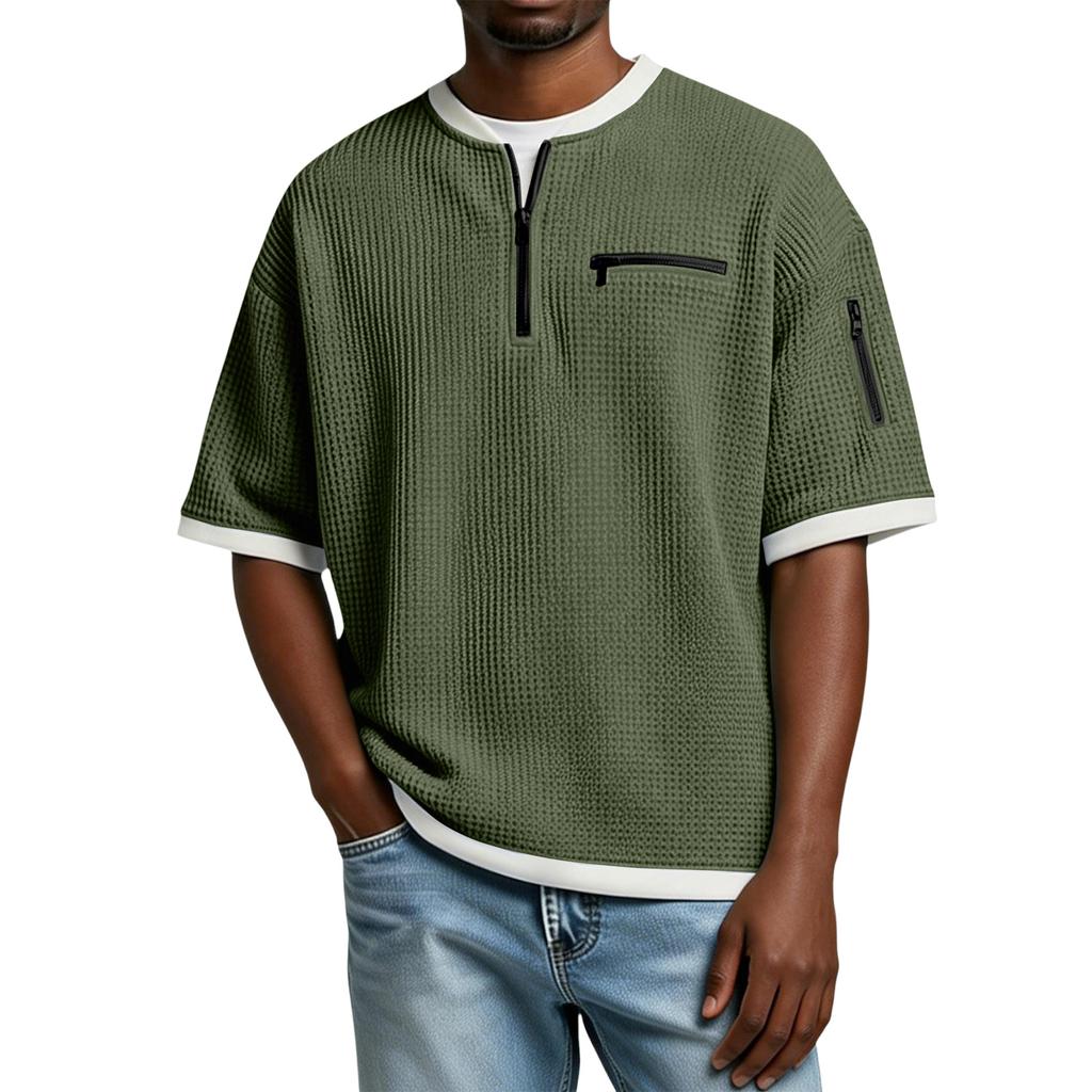 Men Waffle Knit Short Sleeve T Shirt with Zipper Pocket and Contrast Trim Crew Neck Casual Loose Fit Top