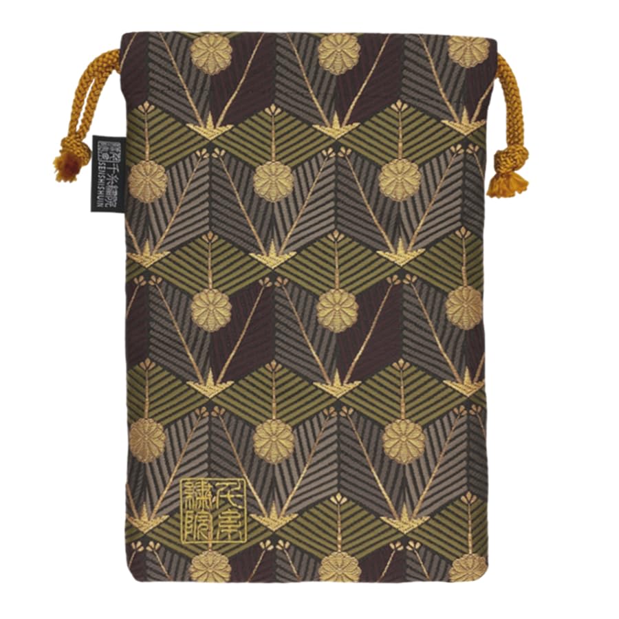 

Senshishuin Nishijin Brocade Drawstring Bag (Lined) - Purple and Green Tortoiseshell Pine Design, Medium Size