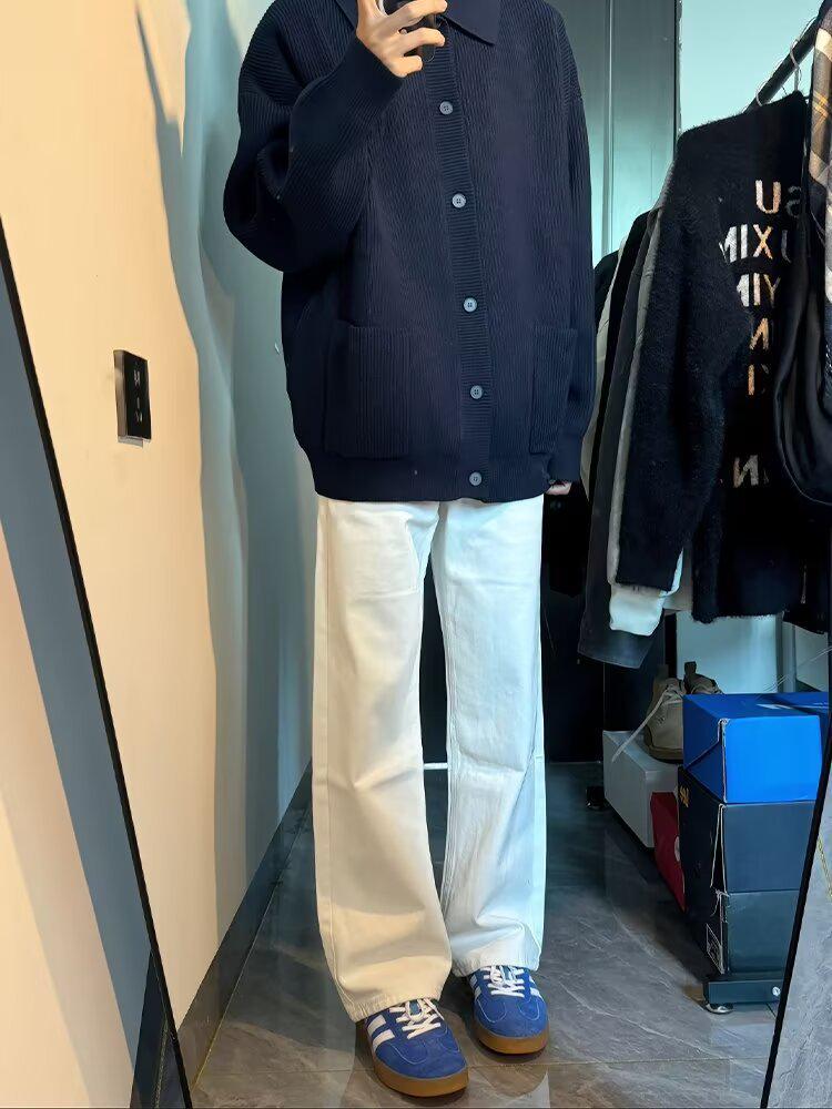 Men's Dark Blue Retro Knit Cardigan with Turn-Down Collar - Versatile Casual Sweater for Autumn and Winter