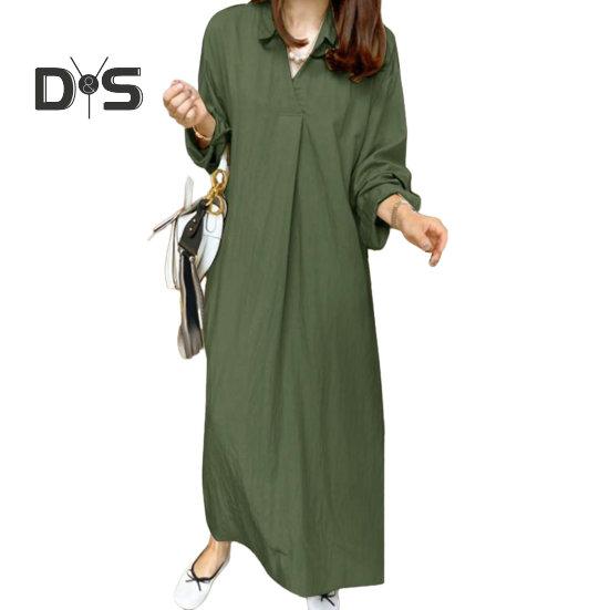 Damska jesienna sukienka wiosenna Luźne klapy, długi rękaw, jednolity kolor, dekolt w serek, Miękka, oddychająca, oversize, prosta sukienka do kostek, Casualowa sukienka maxi