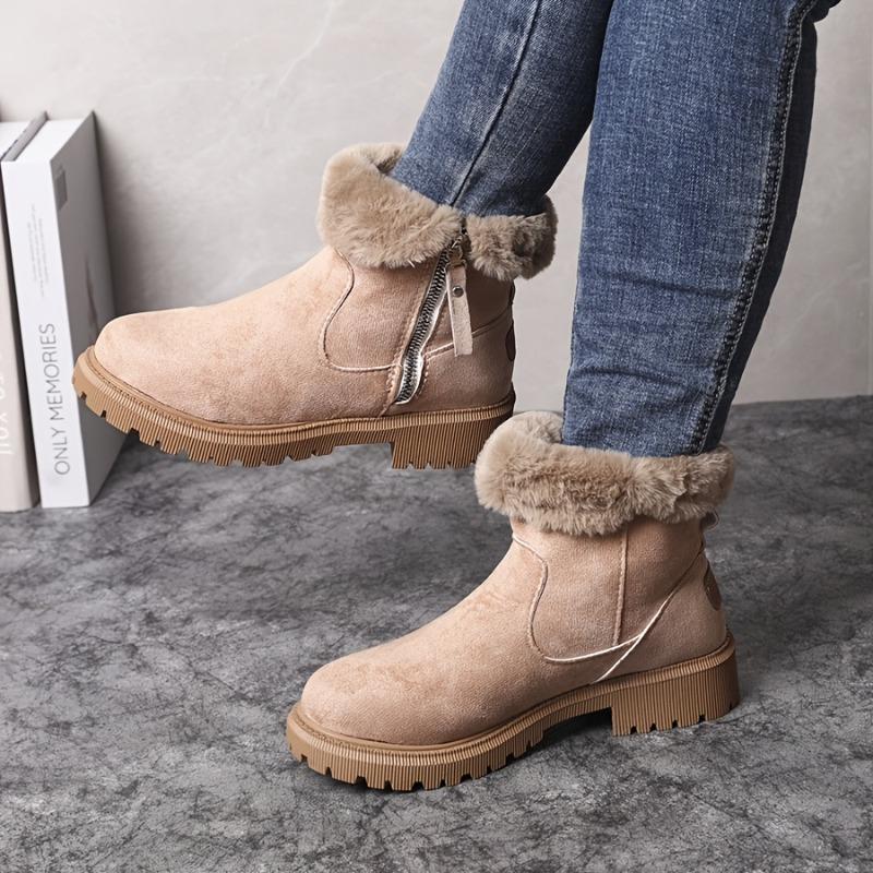 Women's Round-Toe Short Boots Plush Faux Thick Rubber Sole Chunky Heel Zipper Winter Casual Dressy Brown Booties for Jeans