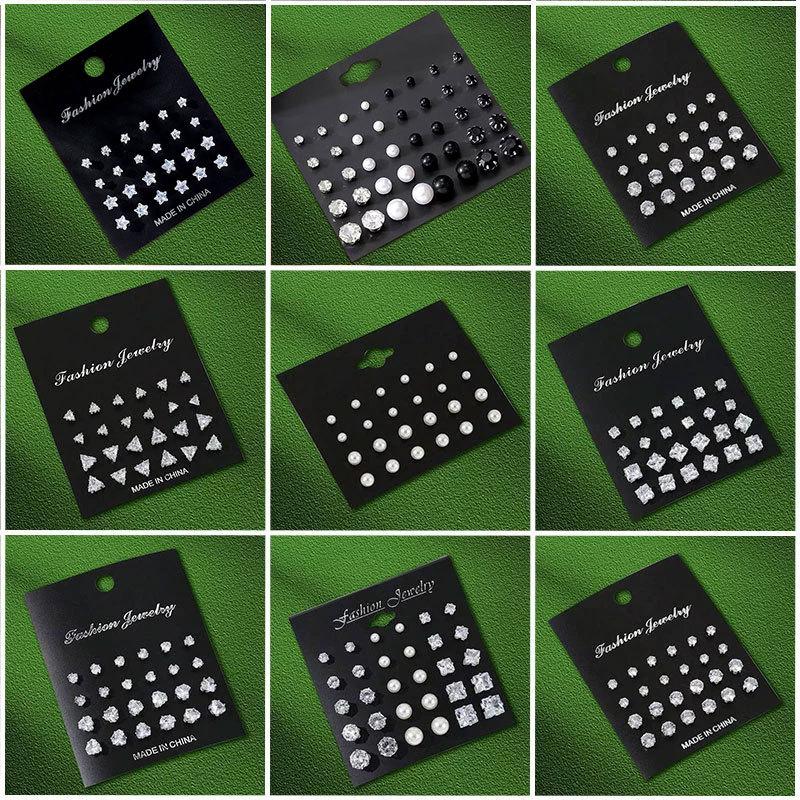 12 Pairs of Zircon Pearl Stud Earrings Set Simple and Versatile Earrings