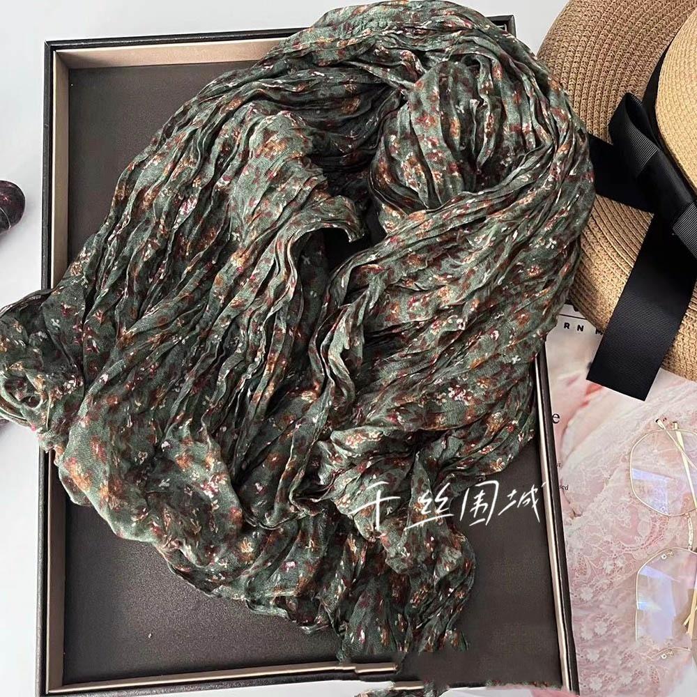 Floral Cotton and Linen Scarf New Korean Version Sunscreen Pleated Thin Retro Floral Printed Shawl Outer