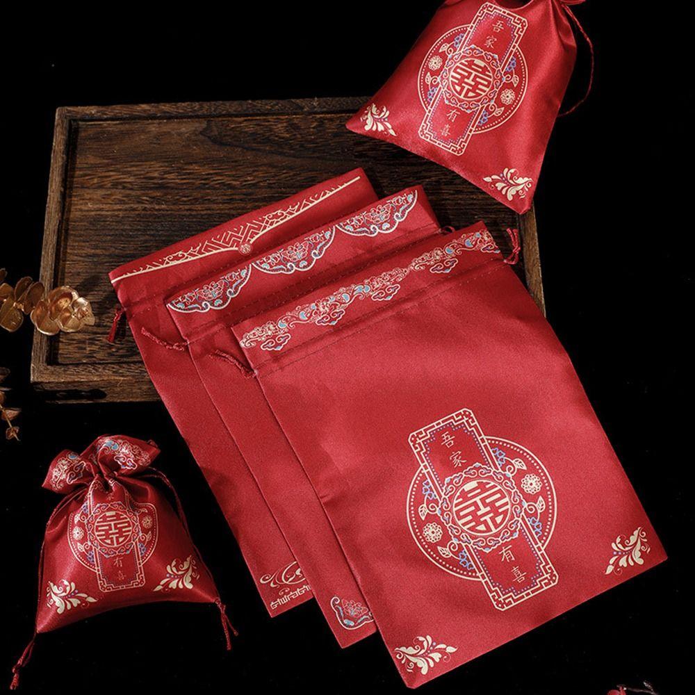 10pcs Chinese Style Drawstring Bag Cloth Gift Packing Bag Tote Bag Festive Sugar Bag  Engagement