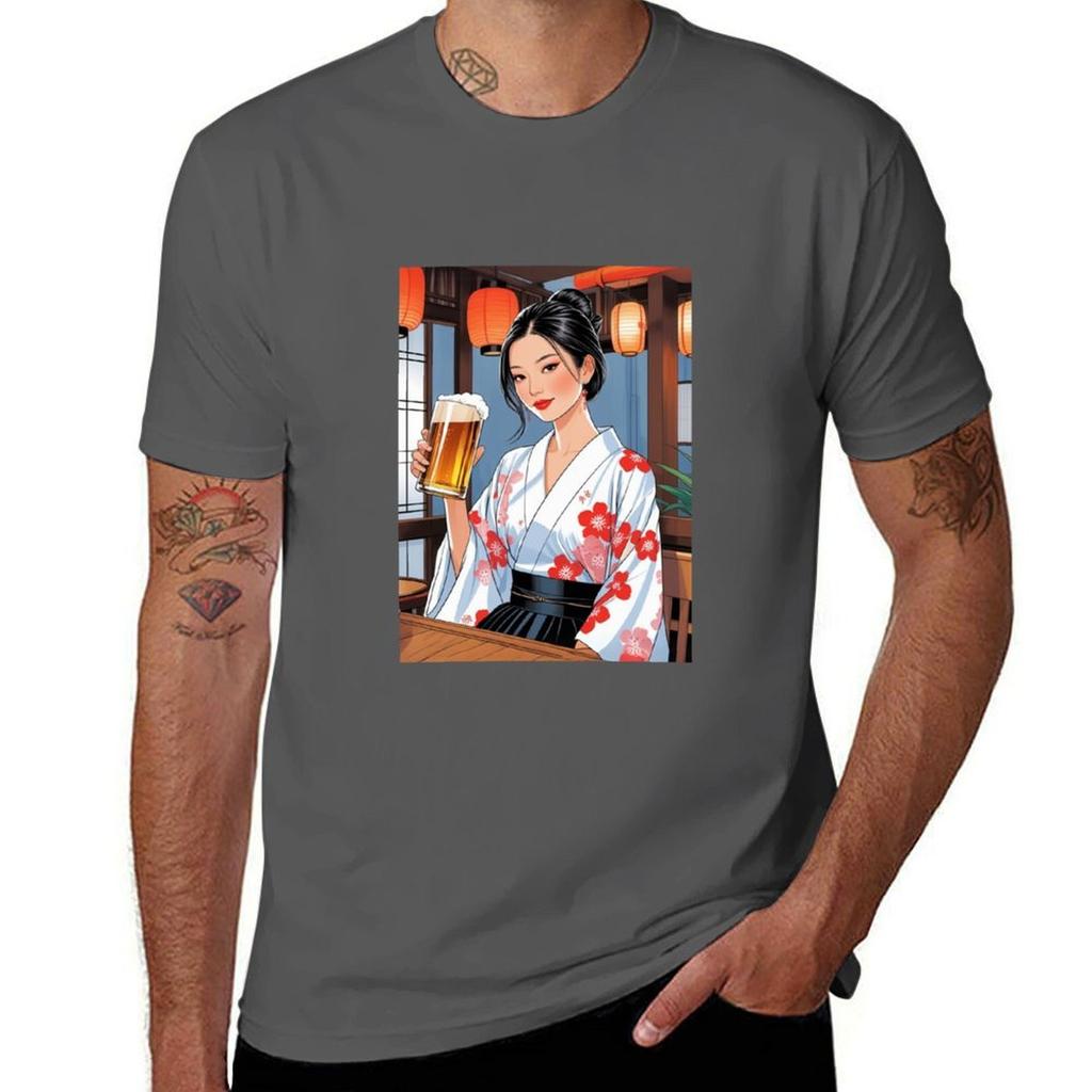 Modern Japanese Girl with Beer T-Shirt Man T Shirt Graphic T Shirts for Man Pack Cotton Anime T Shirts Oversize T-Shirt