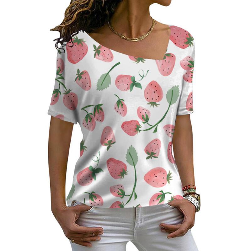 Ladies Fashion Casual Loose Pullovers Tee Shirts Summer 3d Pineapple Printed Women's Short Sleeves V-Neck Diagonal Collar Tops