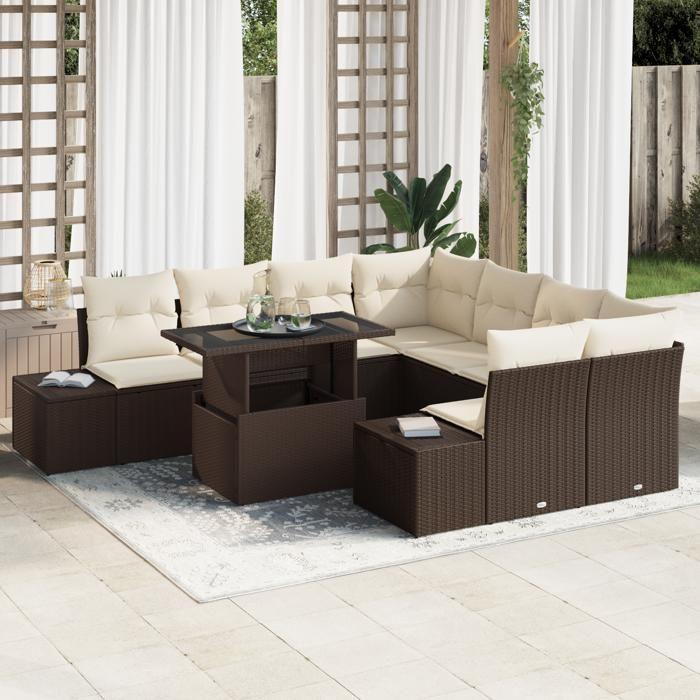 VidaXL Set de canapé de jardin 9 pièces avec coussins marron en poly rattan 3357891