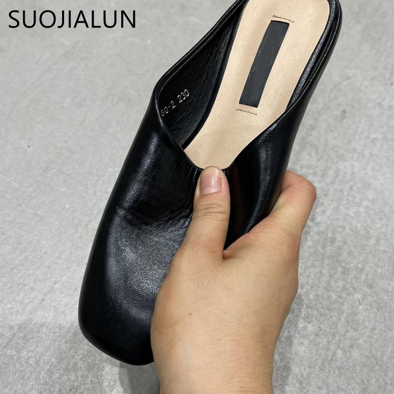 Mode SUOJIALUN Sommer Flacher Absatz Damen Slipper Mode Damen Lässig Runde Zehenpartie Slip-On Pantoletten Schuhe Outdoor Weiches Leder Sandalen Slides
